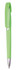 A green push-action plastic ballpen with a sleek design and a silver tip, featuring a branding logo.