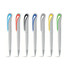 A collection of twist-action ballpoint pens in white with colourful clips in blue, orange, black, blue, yellow, and green.