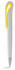 A white twist-action ballpoint pen with a stylised yellow clip and a smooth design.