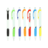 A collection of eight plastic ballpoint pens with rubber grips, featuring various colours including black, green, purple, and blue.