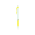 A push-action ballpoint pen with a white body and yellow rubber grip, featuring a clip and a branding logo.