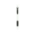 A white ballpoint pen with a black rubber grip and a clip, featuring a branded logo. Perfect for everyday writing tasks.