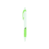 A green and white push-action ballpoint pen with a rubber grip and a logo on the barrel.