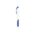 A blue and white VECTRA push-action ballpoint pen with a rubber grip and a branding logo.