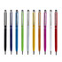 A collection of stylus pens in black, blue, green, silver, orange, yellow, red, and white with a twist-action mechanism and branding.