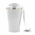 A drink bottle in white with a stainless steel lid and a handle. Features a logo on the side.