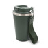 A drink bottle in dark green with a stainless steel base and a sturdy strap for carrying. It features a lid.
