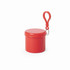 A red pouch with a lid and a carabiner clip. It features a logo on the surface.