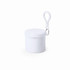 A white pouch with a lid and a carabiner, featuring a simple logo. Compact design for easy portability.