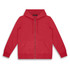A red unisex hoodie with a front zip, two pockets, and a hood. Features a logo.
