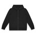 A black unisex hoodie featuring a zip front, drawstring hood, and front pockets, with a logo on the chest.