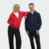 A red unisex hoodie and a navy unisex hoodie worn by two models, standing side by side, with a logo on each.