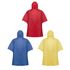 A Kira PVC poncho in red, blue, and yellow, featuring an attached hood and a logo.