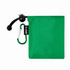 A green pouch with a drawstring and a carabiner clip, featuring a logo.