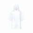 A white kids' poncho with a hood, made from RPET material, folded and stored in a matching pouch.