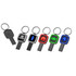 A set of six USB flash drives in various colours, each with a different logo and keychain attachment.
