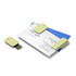 A beige USB flash drive with a natural straw texture, placed next to a business card. The image features a logo.