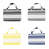 A collection of foldable beach towel bags in black, white, yellow, and navy blue, featuring striped designs and handles.
