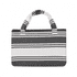 A foldable beach towel bag in grey and white stripes, featuring handles and a logo. Ideal for leisure and outdoor activities.