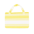 A yellow and white striped foldable beach towel bag with sturdy handles, featuring a logo.