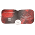 A foldable car sun visor in red and black featuring a car design and a round storage pouch.