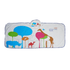 A foldable car sun visor featuring colourful animal silhouettes and trees in blue, green, orange, and brown hues.