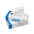 A rectangular tissue box in white and blue, with tissues partially pulled out, featuring a logo on the side.