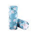 A turquoise car cup tissue holder with a floral design featuring pink daisies. It has a round shape and a logo.