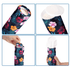 A cylindrical tissue dispenser with a floral pattern in dark blue, featuring bright pink and yellow flowers. It has a removable lid.
