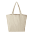 A beige tote bag with sturdy handles and a spacious design, featuring a logo on the front.