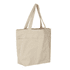 A beige tote bag with three pockets and long handles, featuring a logo.