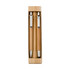 A bamboo writing set featuring a ball pen, touch pen, and mechanical pencil, all in a bamboo presentation box.