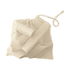 A cream-coloured mesh bag containing wooden pieces of the Molkky throwing game, tied securely at the top.
