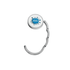 A silver bag hanger featuring a round disc with a blue splash design and a logo, connected by a flexible metal chain.