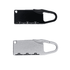 A black and silver travel padlock with a carabiner-style clip, featuring multiple locking mechanisms.