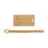 A bamboo luggage tag with a beige strap, featuring spaces for personal information and a logo.