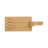 A bamboo luggage tag featuring spaces for personal information and a tan strap for attachment.