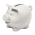 A white piggy bank with a smooth, rounded shape and small ears and feet, featuring a coin slot on top.