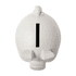 A white piggy bank in a cartoonish pig shape with a vertical slot on top and flat ears.