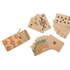 Eco-friendly playing cards in a tan cardboard box, featuring colourful designs on the cards.