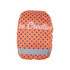 An orange and navy polka-dotted backpack cover with a reflective strip and a logo on the front.