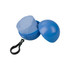 A blue keyring case containing a rolled blue poncho, secured with a black clip.