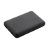 A black power bank with a sleek, matte finish, featuring multiple ports and a small logo.