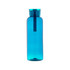 A drink bottle in a transparent blue colour with a matching top and a logo on the surface.