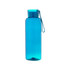 A drink bottle in a vibrant blue colour, featuring a cap and a loop for carrying. It also has a branding logo.