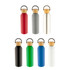 A drink bottle collection featuring red, grey, silver, black, green, blue, and white aluminium bottles with wooden lids and logos.