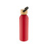 A drink bottle in red with a wooden and black cap, featuring a minimalistic design and a logo.