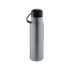 A drink bottle featuring a silver stainless steel design with a black cap and a grey carry strap.