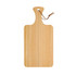 A pinewood cutting board with a natural finish and a looped leather tie.