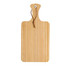 A rectangular pinewood cutting board with a handle, featuring a natural wood finish and a leather tie.